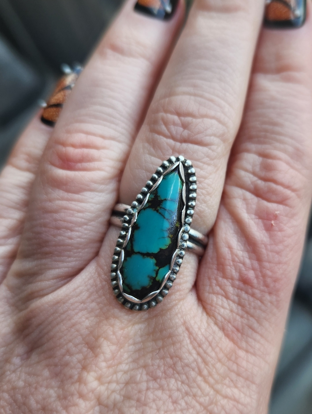 Handmade Sterling Silver 925 Hubei Turquoise Teardrop Ring Sz 8.75